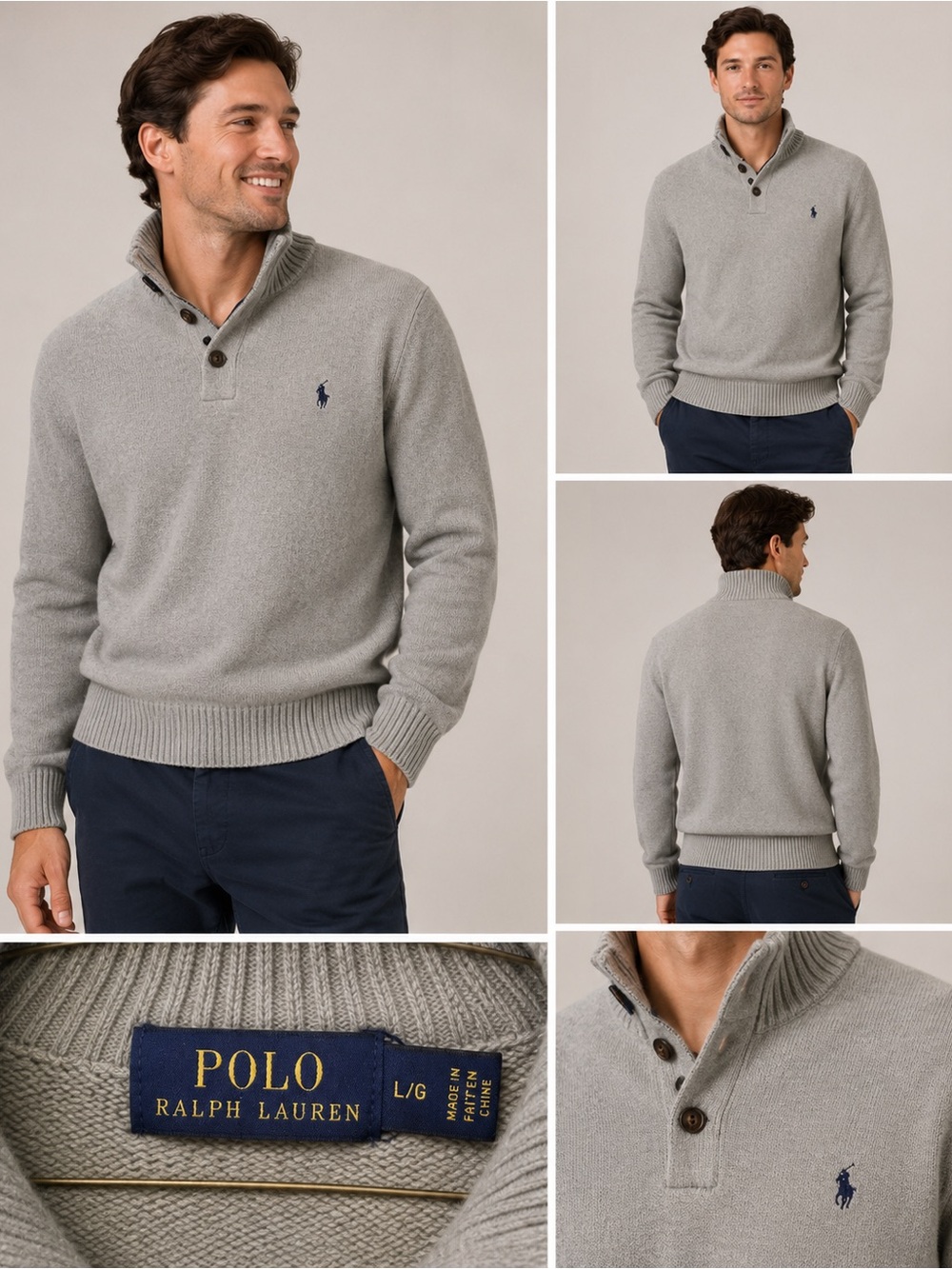Ralph Lauren Men’s Light Gray Shawl Collar Pullover Sweater